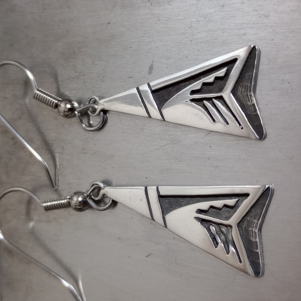Sterling Silver Overlay With Unique Tribal Design Dangle Earrings